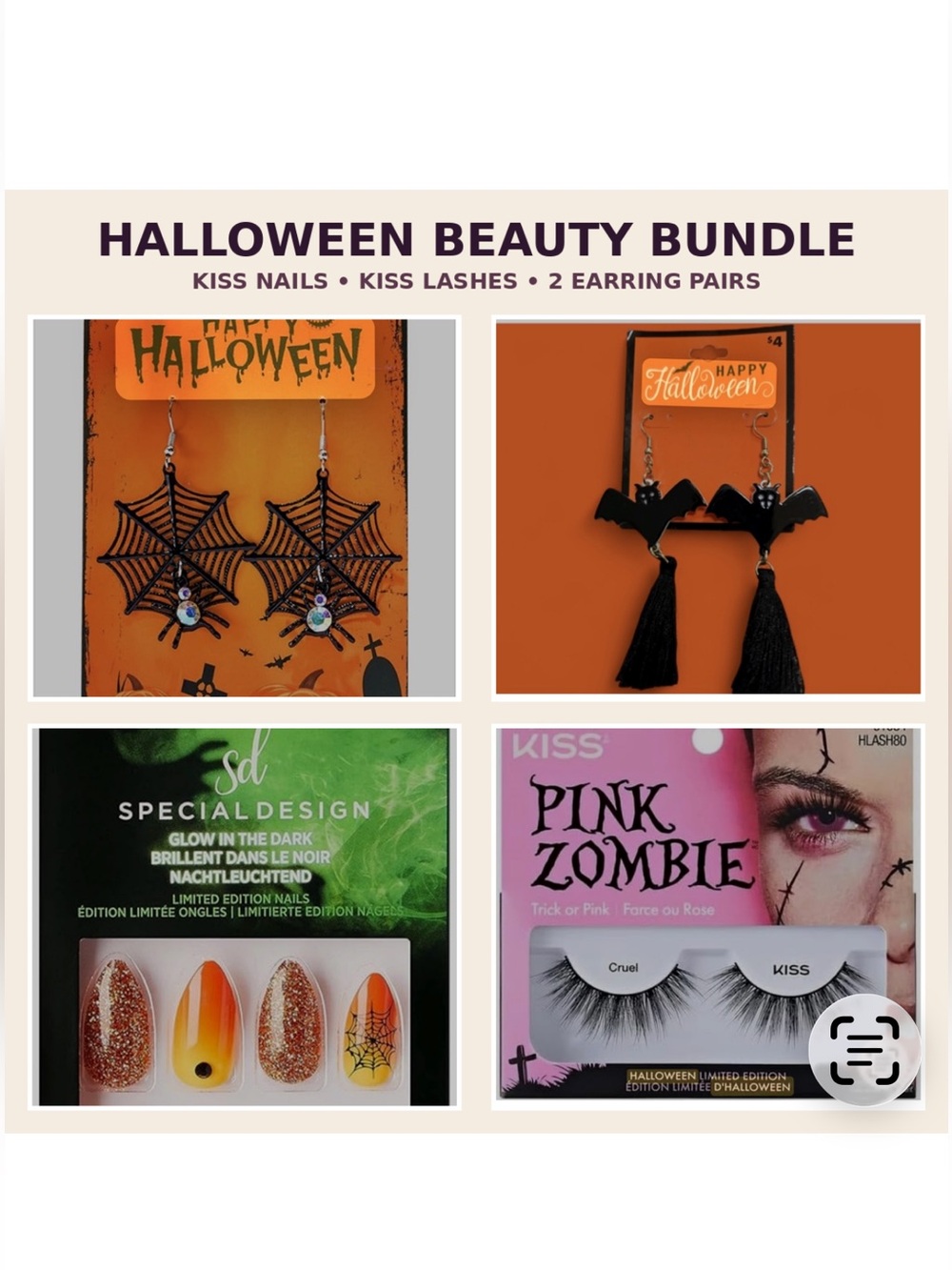 Halloween Beauty Bundle
KISS Nails Lashes Bat
Spiderweb Earrings NWT